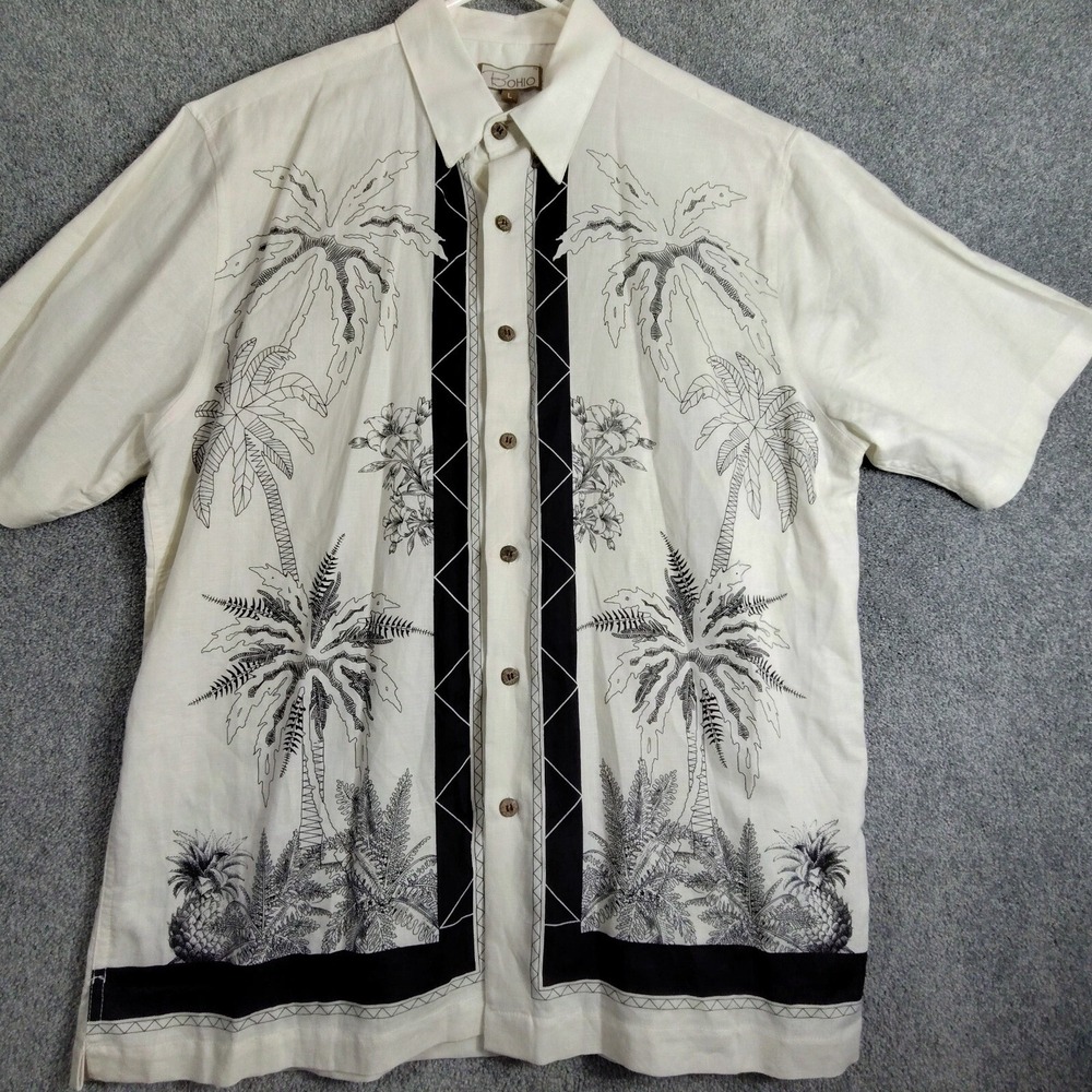 BOHIO Mens Palm Tree Print Linen Blend Tropical Button Up Shirt White Large